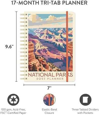 Orange Circle Studio 2027 Planner, National Parks Tri-Tab Weekly & Monthly Planner, 9.6" x 7", Spiral Bound Organizer with Note Pages, Pocket Dividers & Elastic Closure Design for Home Office Planning