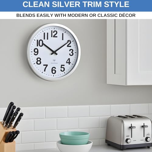 Wall Clock – 12" Atomic Analog Wall Clock with Large Numbers | Battery Operated, Radio Controlled with Automatic Daylight Saving Time | Silver Trim