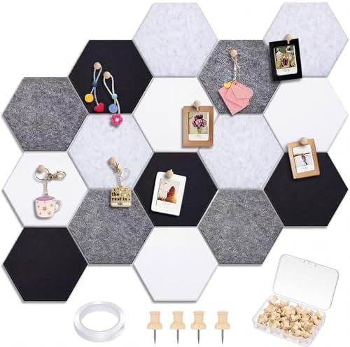 12x10 in 16 Pcs Hexagon Cork Board Tiles, Felt Pin Boards, Grey
