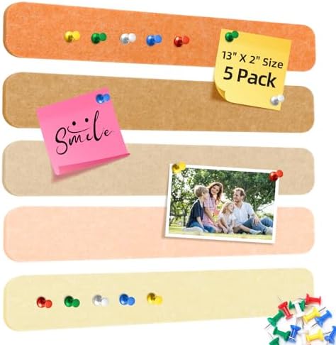 HAUTOCO Felt Bulletin Strips 5 Pack, 13" x 2" Self Adhesive Pin Board with 20 Push Pins, Peel and Stick Memo Board for Photos, Notes & Wall Decor, Dorm Room, Bedroom, Office, Linen Mix