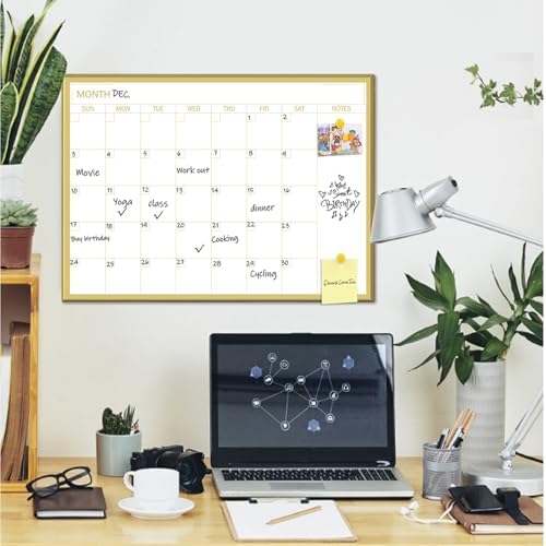Gold Dry Erase Calendar Whiteboard for wall-18 x24’’,Portable Aluminum Frame,Magnetic Calendar White Board,Wall Planner Dry Erase Board for Office, Kitchen, School, Home-GG-4560