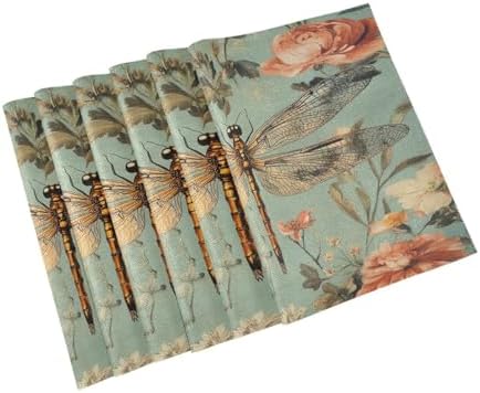 ALAZA Vintage Dragonfly Floral Set of 6 Placemats Rectangle Table Mat for Dining Table Restaurant Kitchen Home Decor, 12" x 18"