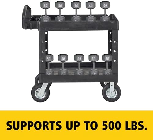 Rubbermaid Commercial Products BRUTE Heavy Duty 2-Shelf Utility/Service Cart, Medium, Lipped Shelves, Ergonomic Handle, Pneumatic Casters, 500 lb Capacity, Black, for Warehouse/Garage/Cleaning/Office