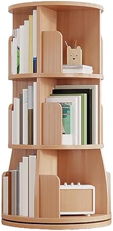 GAMAK Rotating Bookshelf Tower for Kids 360 Display 2-4 Tier Floor Standing Bookcase Revolving Bookcase Tower Small Corner Bookshelf for Small Space (Color : Wood, Size : Round_Three)