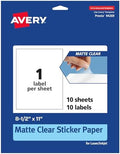 Avery Matte Clear Rectangle Sticker Sheets, 8.5" x 11", 10 Matte Clear Labels, Laser/Inkjet Printable Labels