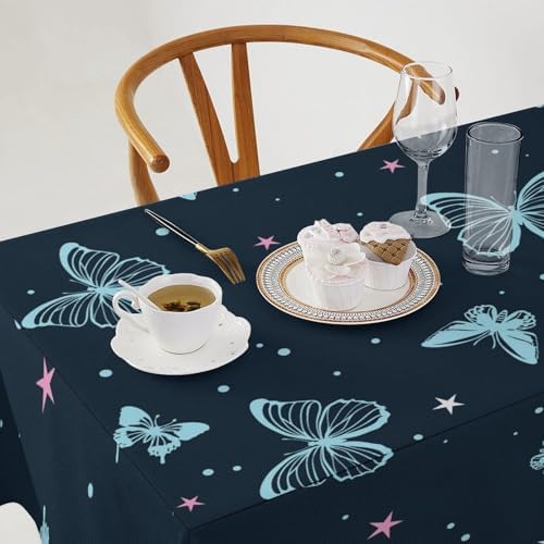 Blue Butterfly Tablecloth, Cartoon Colorful Butterfly Pink Starry Sky Star Print Tablecloth for Camping Indoor Outdoor Decor 55x55in