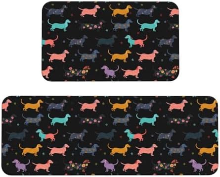 Dachshund Puppy Dog Kitchen Floor Mat 2 Sets, Non Slip Rugs Absorbent Mats for Floor Countertop Office Home, Black Cartoon Indoor Outdoor Decor Doormat 17" x 29.5" + 17" x 47"