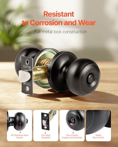 VEVOR 6 Pack Black Door Knobs, Privacy Door Knob with Round Ball, Keyless Exterior & Thumb Turn Lock Interior, All Metal Doorknobs Hardware, Matte Black Modern Design for Bedroom & Bathroom