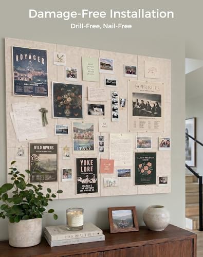 Aothia Felt Bulletin Board Tiles, 12-Pack 48"x36" Large Pin Board for Wall, Modern Cork Board Alternative for Notes, Photos, Memo & Office Organization, 70 Adhesive Tabs & 40 Push Pins, Oatmeal