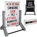 Swinging Changeable Message Sidewalk Sign: 24" x 36" Sign with 792 Pre-Cut Double Sided Letters and Storage Box. Includes Black Board & Letter Board (Granite Color Legs)