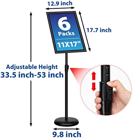 6Packs 11x17 Inch Adjustable Pedestal Poster Sign Stand, Heavy Duty Floor Standing Sign Holder Stand Aluminum Snap Open Frame for Vertical and Horizontal View Sign Displayed(Black) (Pack of 2)