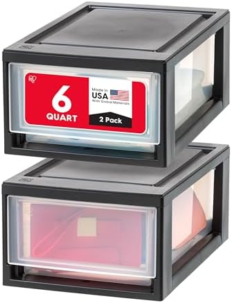 IRIS USA 2-Pack, 6 Qt. Small Stacking Drawer Storage Organizer, Black