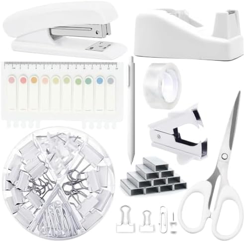 Office Supplies,White Desk Accessories,Stapler and Tape Dispenser Set for Women with Stapler,Tape Dispenser,Staple Remover,Staples,Clips,Scissors and Tabs,Gift for Students,Coworkers,Teacher,Business