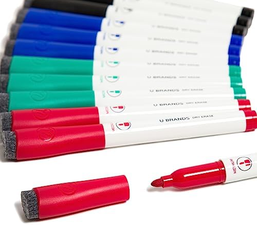 U Brands Dry Erase Markers with Eraser, Whiteboard Markers, Low Odor, Set of 12 (Assorted, Medium Point)