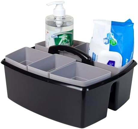 Storex 2-Compartment Large Cleaning Caddy – Multipurpose Supply Organizer with Handle, Black, 6-Pack (00973E06C)