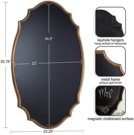 Kate and Laurel Leanna Decorative Scalloped Metal Chalkboard; 24 x 36; Gold; Framed Rounded Oval Vintage Chalkboard for Unique Display; Organization; and Decor