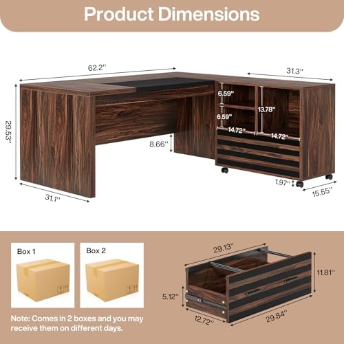 Tribesigns 62.2" L-Shaped Executive Desk with Mobile File Cabinet