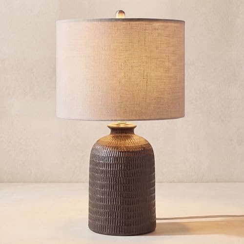 Nourison Home 24" Black Textured Ceramic Table Lamp with Tan Linen Shade, Rustic Farmhouse Accent Lamp, Bedside Lamp for Bedroom, Nightstand, Living Room