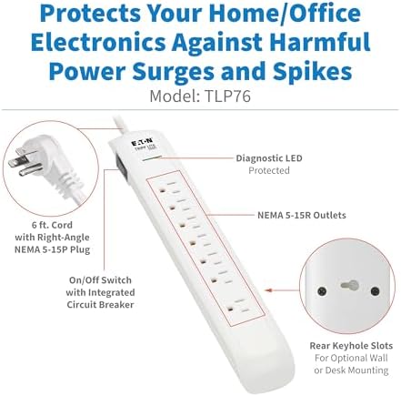 Eaton Tripp Lite Series TLP76 Surge Protector Power Strip with Flat Extension Cord Plug, 7 Outlets, 1500 Joules, 6ft Power Cable, White, Manufacturer's Liftime Warranty & $25,000 Insurance