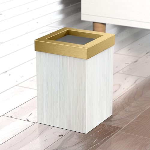 Gatco Small Bathroom Trash Can with Lid, Square 3 Gallon Wastebasket, Under Sink, White Oak with Brushed Brass, for Bathroom, Bedroom, Office (1936B)