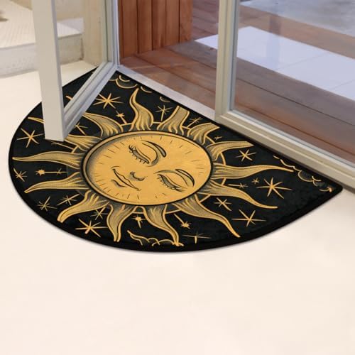 Pardick Boho Sun Half Round Door Mat, Non-Slip Welcome Indoor Entrance Way Rug Semi Circle Front Doormats Washable Bathroom Kitchen Floor Mat, Outdoor Rugs for Garage, Patio, Hearth Rug