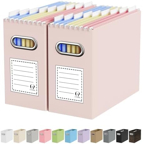 Oterri Portable Collapsible Cardboard File Box with Handle for Letter-Size | 2-Pack. Stainless Steel Handle. Label Stickers Included. Fits Letter Folders (Not Included). Home, Office, School, Dorm, Tax.