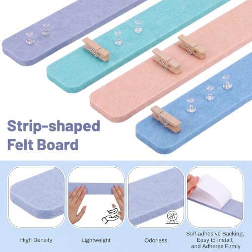 Thboxes 8 Pack Felt Bulletin Board Strips, 13x2 Inch Self Adhesive Felt Pin Boards with 50 Pushpins and 10 Wooden Clips Push Pins, Cork Board for Walls Home Office Decor(Soft Macaron)