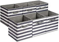 Amazon Basics Collapsible Fabric Storage Bins with Handles, Cube Organizer for Home Organization, 10.5"x10.5"x11", White/Light Grey Stripe, 6-Pack