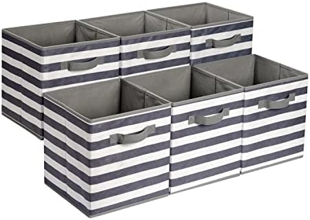 Amazon Basics Collapsible Fabric Storage Bins with Handles, Cube Organizer for Organizing, 13"x13"x13", White/Light Grey Stripe, 6-Pack