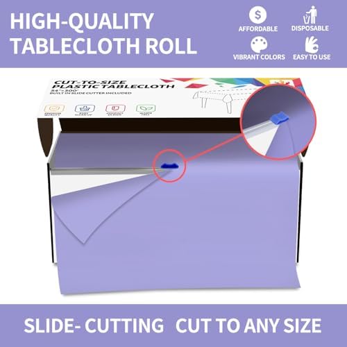 CXPSINC 54 Inch X 300 Feet Plastic Table Cover Roll Disposable Tablecloth with Slide Cutter for All Type/Shape Tables | Party, Banquet, Birthdays, Weddings(Purple, 300 Feet)