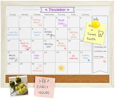 Dry Erase Calendar Whiteboard for Wall, Small Combination Magnetic Dry Erase White Board & Bulletin Board, 13" x 17"，White Frame Calendar/Cork Combo Board(WH-3343)