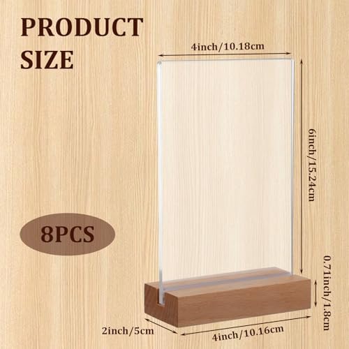 8 Pack Clear Acrylic Sign with Wood Base T Shape Sign Holder Vertical Acrylic Blank Stands Desktop Display Plastic Menu Frames Double Sided Flyer Stand for Wedding Restaurant Party Decoration