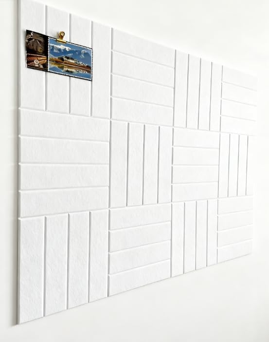 12-Pack White Felt Wall Tiles(11.8'' x 11.8'' Each), 36'' x 48'' Large Cork Board Alternative, Self-Adhesive Bulletin Pin Board for Office Home Kitchen Photos & Memos-Slat