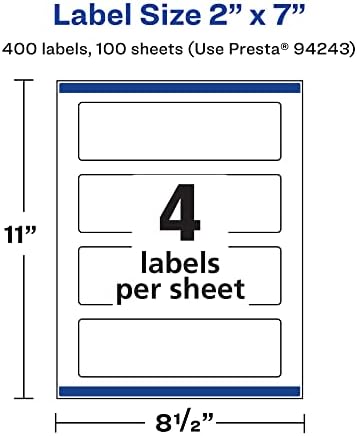 Avery® Printable Durable White Rectangle Labels, Sure Feed® Technology, 2" x 7", Print-to-the-Edge, Waterproof Labels, Laser & Pigment-Based Inkjet Compatible, 400 Total