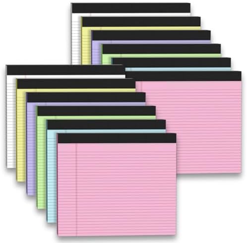 12 Pack Note Pads 11" x 9.5" Colored Legal Pads College Ruled Pink Notepad Perforated Writing Pads 80GSM Lined Paper Pads of College Ruled Paper 30 Sheets Notebook To Do List for School, Office, Home