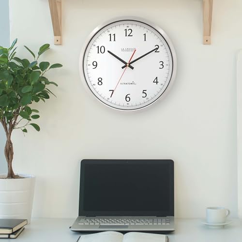 La Crosse Technology 404-1235UA-PL UltrAtomic 14 inch Stainless Steel Wall Clock, Shatterproof Lens, Silver