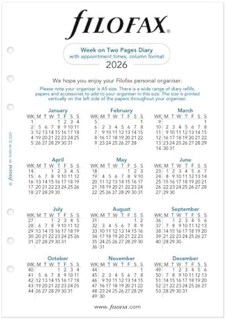 Filofax Calendar Diary Refill, A5 Size, Week-to-View with Appointments, Vertical, Multi-Fit, White Paper, English, 2026 (C68521M-26)