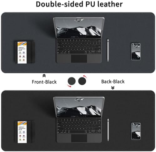 Dual-Sided Desk Mat, Large Desk Pad, Waterproof Smooth PU Leather Desk Blotter Protector Mouse Pad, Desk Organizers, Office/Home Table Decor for Reading and Writing (Black+Black, 47.2''×23.6'')