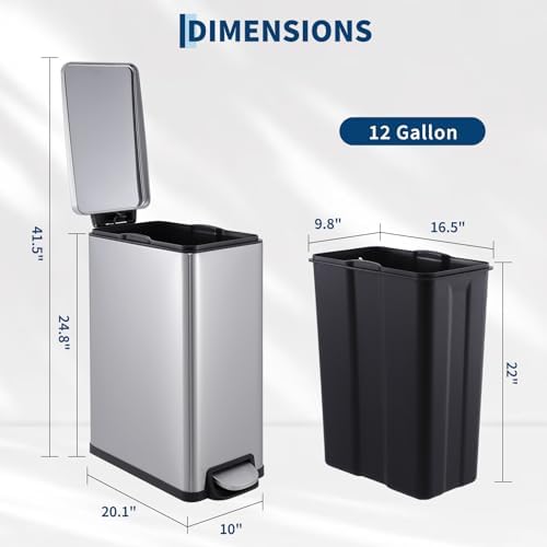 PrecisionAuto 12 Gallon Slim Trash Can with Lid, 45L Stainless Steel Step Garbage Can with Soft-Close Lid & Inner Bucket, Narrow Kitchen Garbage Bin, Metal Wastebasket for Home/Office, Silver