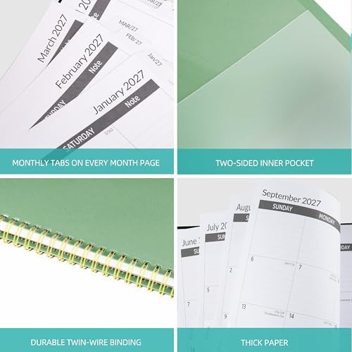 2027-2031 Monthly Planner, 5 Year Monthly Planner/Calendar 2027-2031, 60-Month Jan 2027 – Dec 2031, 9" x 11", Tabs, Double-Side Pocket, Holidays, Thick Paper - Green