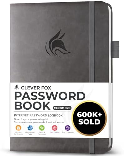 Clever Fox Password Book with Alphabetical Tabs, 5.3"x7.7" Keeper Grey