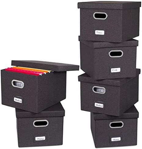 Internet's Best Collapsible File Storage Organizer with Lid - Decorative Linen Filing & Storage Office Box – Hanging Letter/Legal Folder – Home Office Bins Cabinet – Charcoal Container - 6 Pack