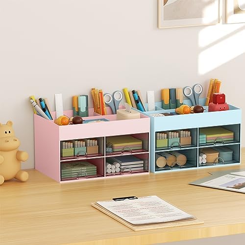Marbrasse Pen Organizer with 4 Drawer, Multi-Functional Pencil Holder for Desk, Desk Organizers and Accessories with 4 Compartments + Drawer for Office Art Supplies (pink)