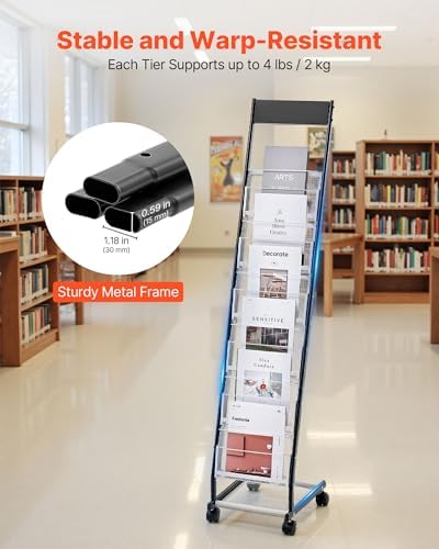 VEVOR Brochure Display Rack, Narrow 6-Tier Magazine Literature Display Stand with Wheels, Metal Floor Standing Magazine Rack, Movable Newspaper Catalog Holders for Shop Exhibitions Office (6 Pockets)