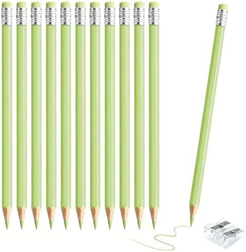24PCS Macaron Green Colored Pencils with Eraser Pre Sharpened Pencil 2 HB - Ideal for Checking, Grading, Tests & Office/School Supplies