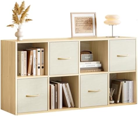 EXPERLAM 8 Cube Storage Organizer - Solid Wood Bookshelf with 4 Storage Bins, Cube Shelf with 2 Removable Back Panels, Vertical or Horizontal Bookcase, Open Book Shelf for Bedroom, Living Room, Office