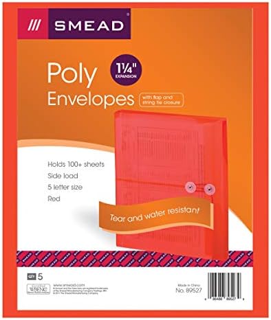 Smead Poly Envelope, 1-1/4" Expansion, String-Tie Closure, Side Load, Letter Size, Red, 5 per Pack (89527) (Pack of 2)