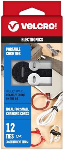 VELCRO Brand Portable Cord Organizer Ties | Organize Headphone Wires, Charging Cables, Power Cords in Backpacks Briefcases and Travel Bags | 3 Sizes and Colors, 12 pcs, 12pk Cord Ties
