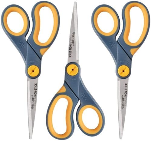 Westcott 8-Inch Non-Stick Titanium Scissors For Office and Home - Glide Adjust Technology - Grey/Yellow Craft, Fabric Scissors - 3 Pack