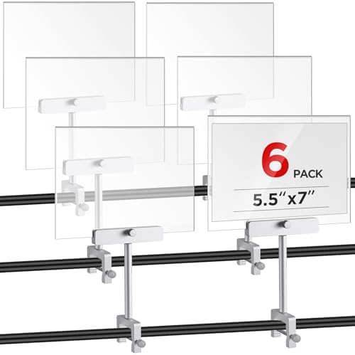 FoldTier 6 Set 5.5 x 7 Inch Clothing Rack Sign Holder Aluminum Alloy Retail Sign Holder with Clamp Acrylic Frame for Retail Stores Price Card Display(Silver)